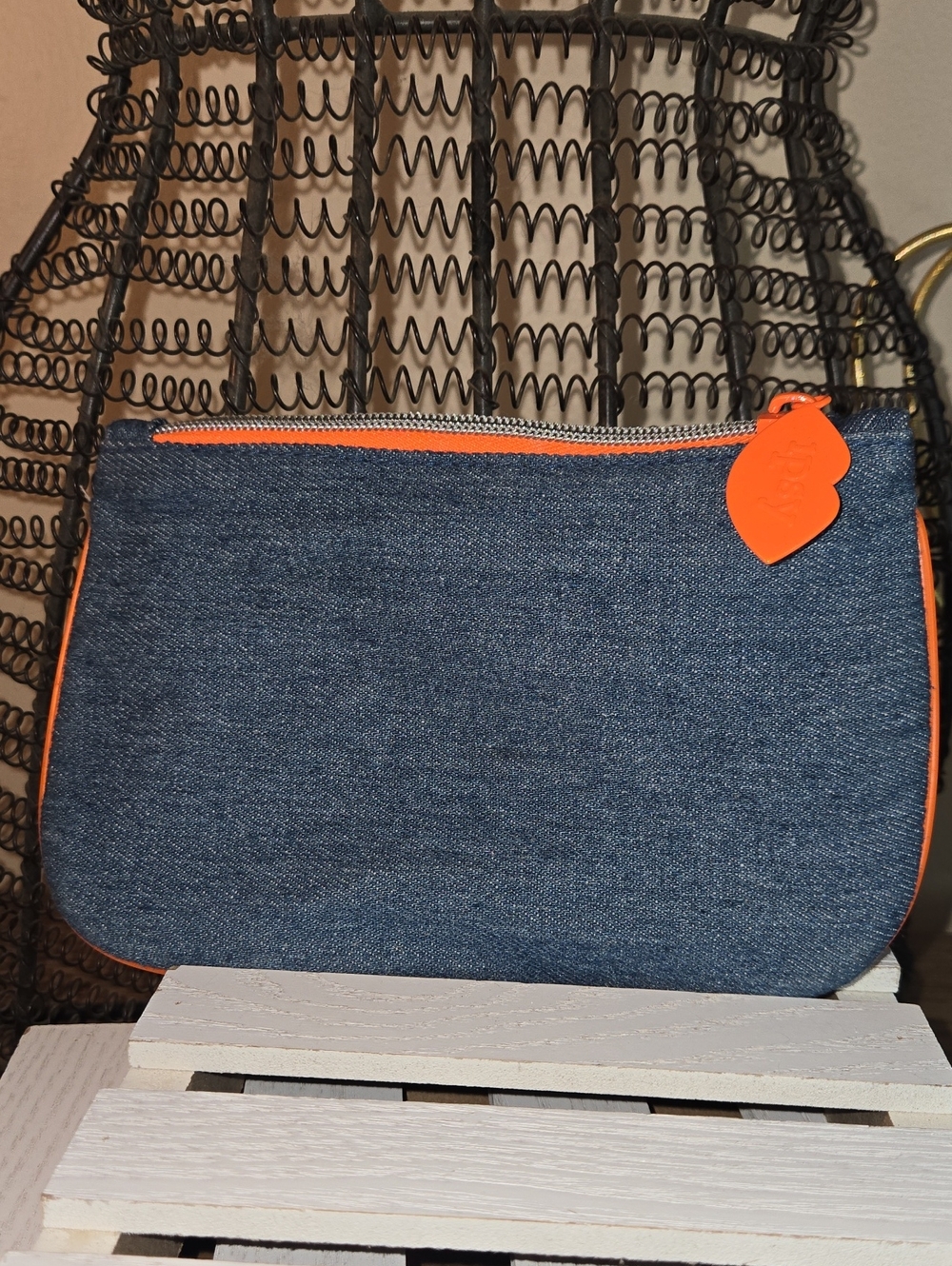 Denim Zip Pouch with Orange Trim